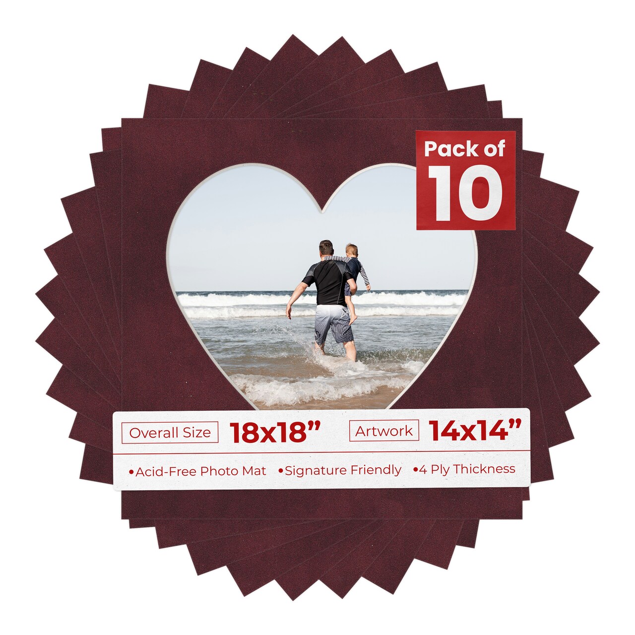 Dark Red Suede Mat Board for 18x18 Frames - Heart Opening for 14x14 Photos